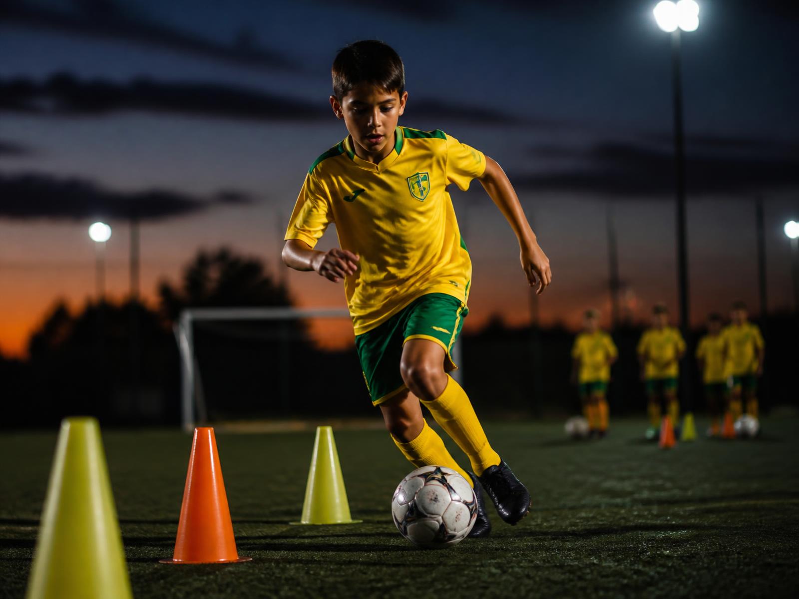 Young soccer player dribbling through cones during an evening training session