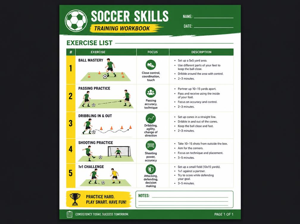 Printable soccer skills training workbook page