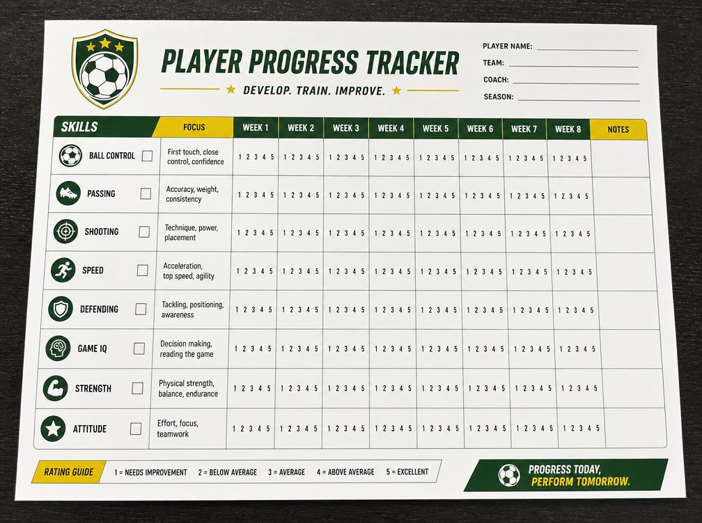 Printed player progress tracker with weekly skill ratings